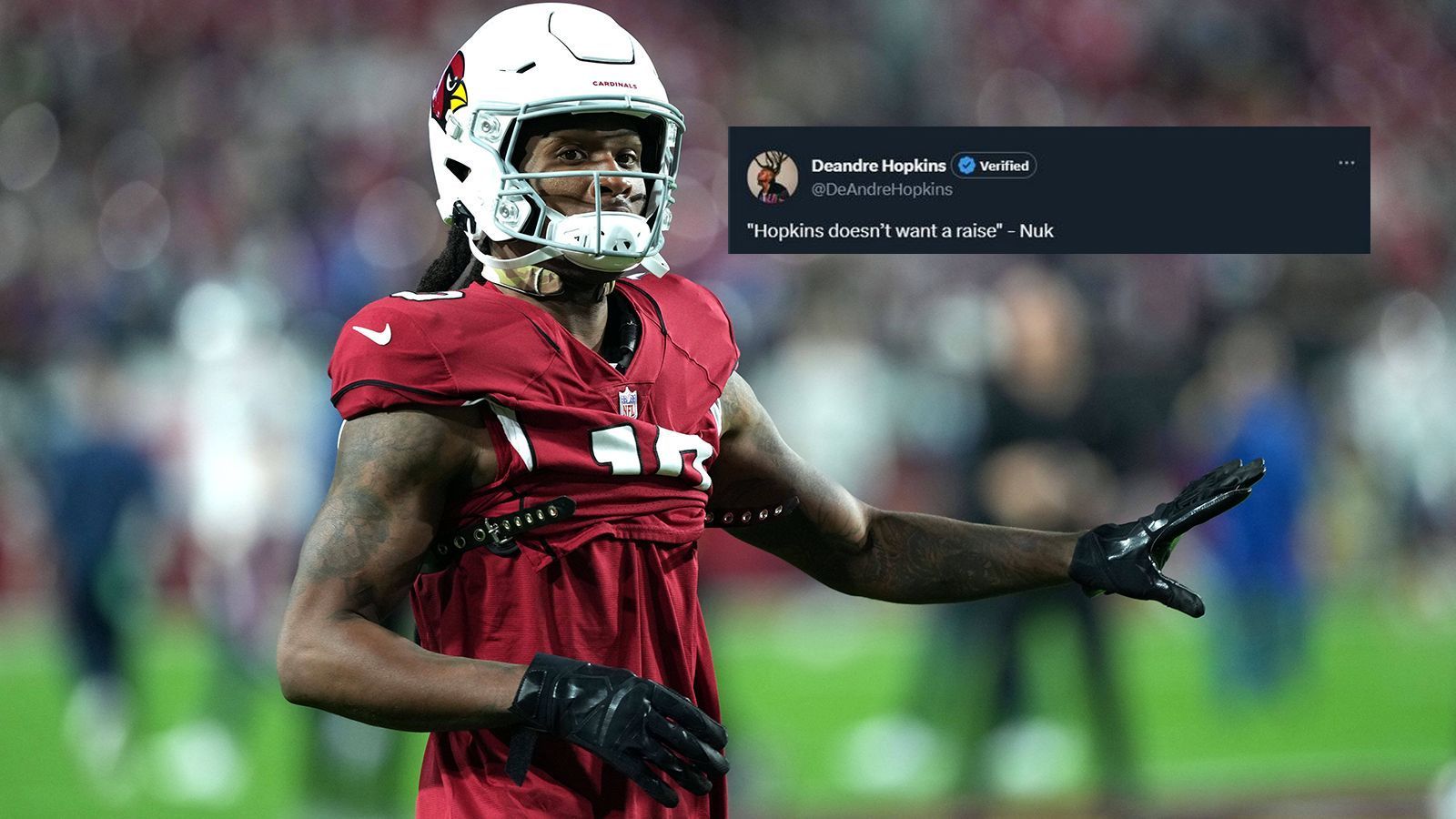 
                <strong>Mehr Geld oder nicht? Hopkins löscht seinen Twitter-Post wieder</strong><br>
                Die Zukunft von DeAndre Hopkins ist weiter unklar. Eine Sache stellte der Wide Receiver nun aber klar. Einen Abgang von den Arizona Cardinals forciert er nicht, um bei einem anderen Team mehr Geld zu verdienen. Über Twitter schrieb der 30-Jährige: "Hopkins will keine Gehaltserhöhung". Zudem versah er den Post, den er kurze Zeit später wieder löschte, mit seinem Spitznamen "Nuk". Das würde bedeuten, dass er die 19.4 Millionen Dollar akzeptieren würde, die er 2023 verdienen soll. 2024 sinkt sein Gehalt auf 14.9 Millionen Dollar. In beiden Jahren ist die Summe allerdings nicht garantiert.Oder hat er etwa gemerkt, dass der Post seine Verhandlungsposition mit einem anderen Team schwächt und ihn darum schnell wieder gelöscht. Wir werden es wissen, sobald er den Vertrag mit einem neuen Team ausgehandelt hat. Die Spekulationen um einen Wechsel zu einem anderen Team halten sich seit Monaten.
              