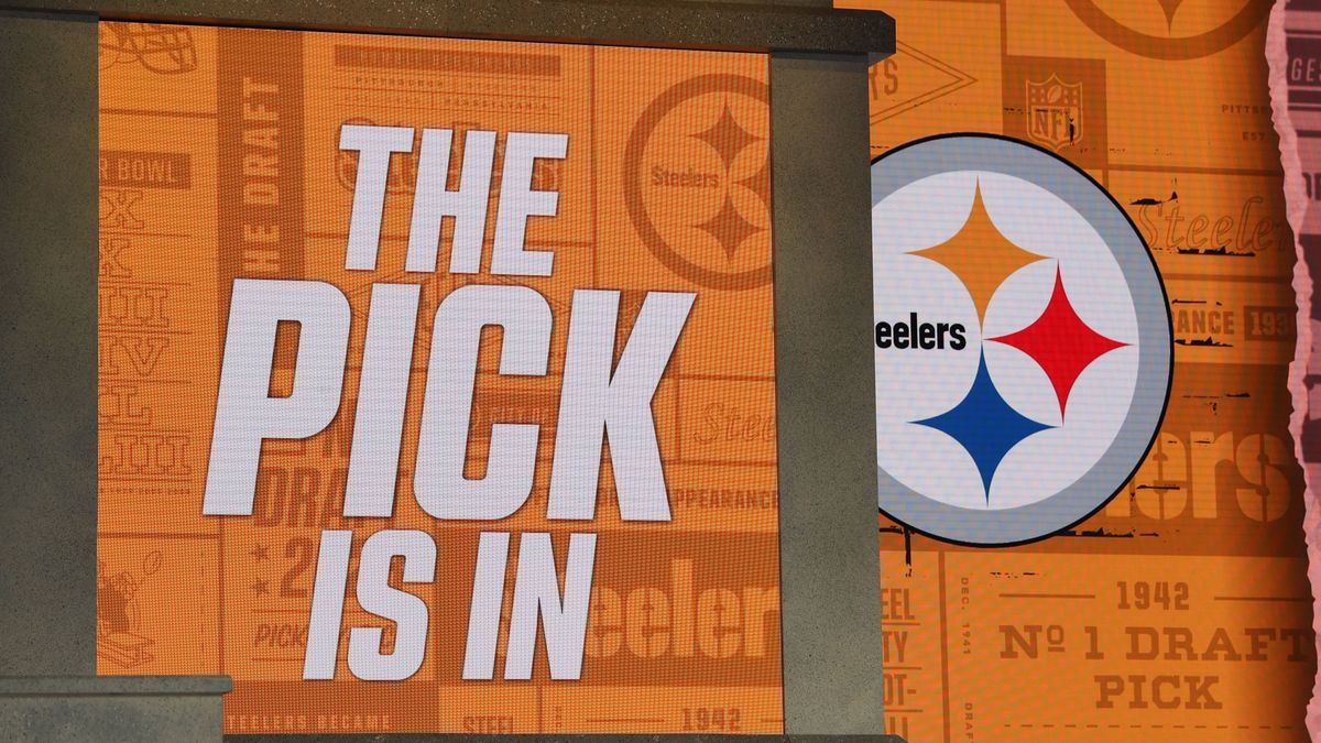 KANSAS CITY, MO - APRIL 27: A view of the Pittsburgh Steelers logo as the screen reads The Pick Is In in the first round of the NFL, American Football Herren, USA Draft on April 27, 2023 at Union ...