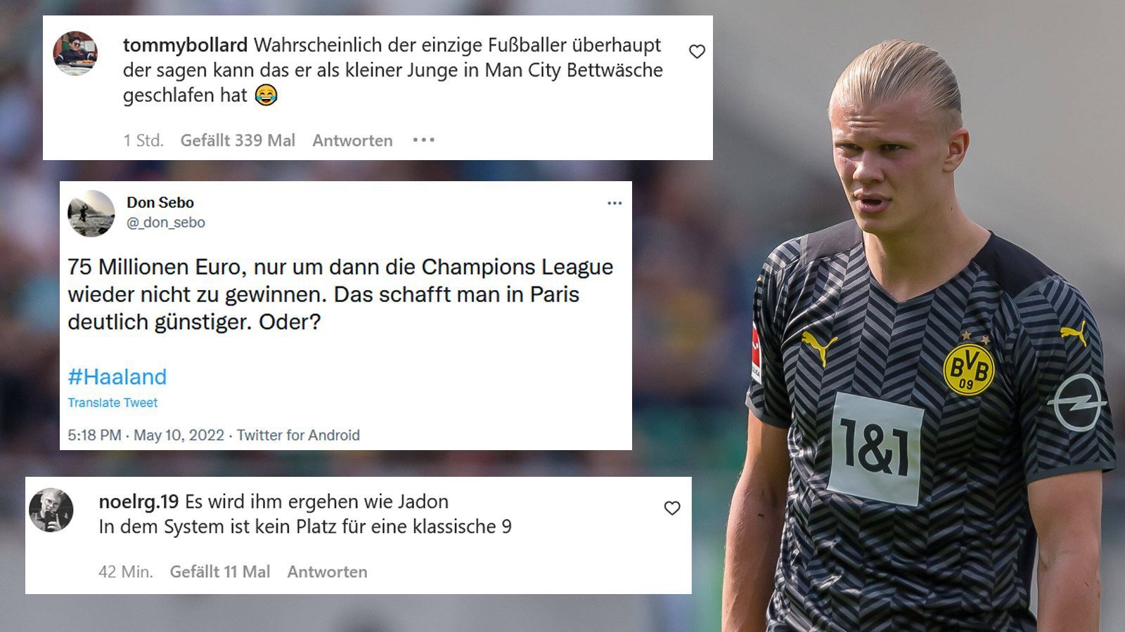 
                <strong>Netzreaktionen zum Haaland-Wechsel</strong><br>
                Nun herrscht Klarheit: Erling Haaland wechselt zur kommenden Saison von Borussia Dortmund zu Manchester City. Über kaum einen Wechsel wurde so viel spekuliert und geredet, wie über diesen. Auch nach der offiziellen Verkündung besteht noch ordentlich Gesprächsstoff. ran zeigt euch die Netzreaktionen zum Hammer-Deal von Erling Haaland.
              