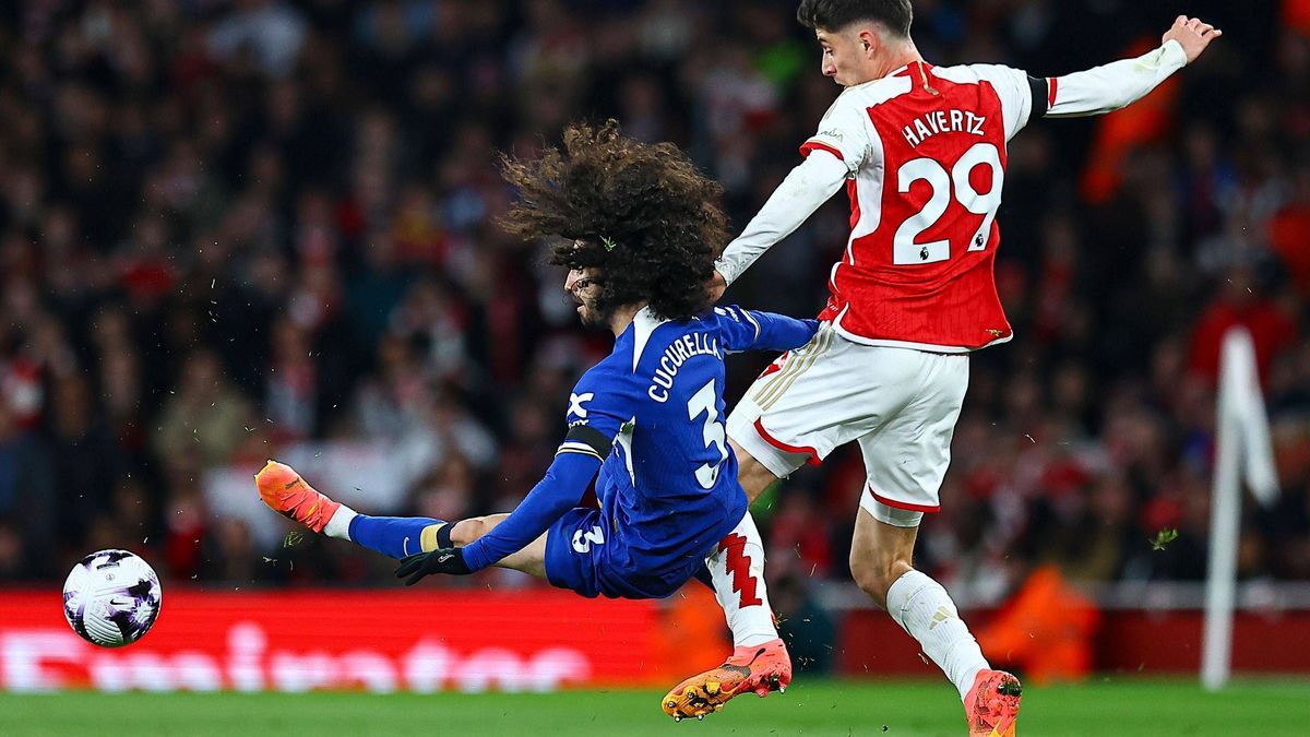 Marc Cucurella of Chelsea is tackled by Kai Havertz of Arsenal Arsenal v Chelsea, Premier League, Football, Emirates Stadium, London, UK - 23 Apr 2024 EDITORIAL USE ONLY No use with unauthorised au...