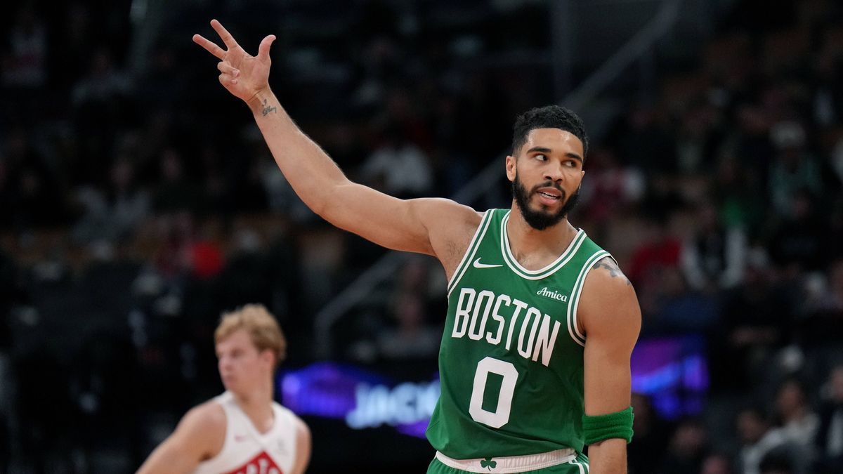 October 15, 2024, Toronto, On, CANADA: Boston Celtics forward Jayson Tatum (0) reacts to making a 3 point shot during first half NBA, Basketball Herren, USA pre-season basketball action in Toronto ...