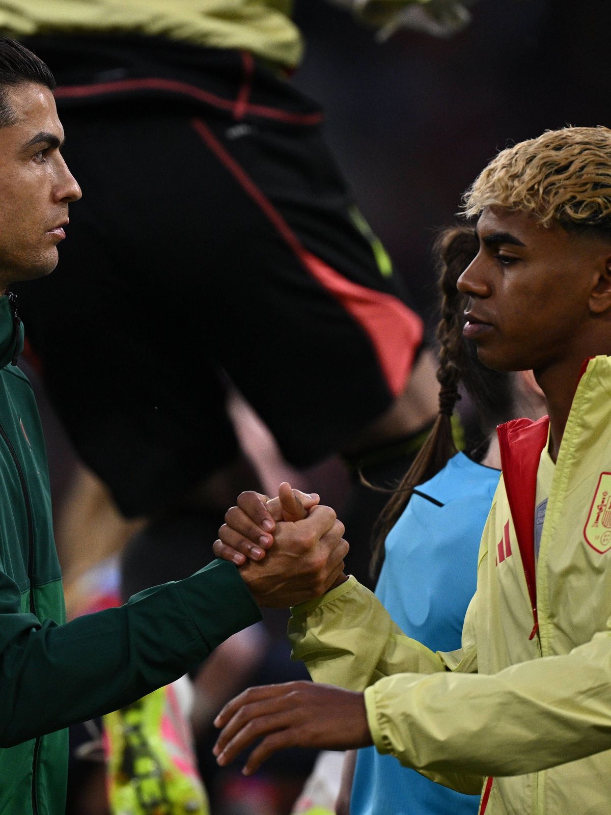 MUNICH, GERMANY - JUNE 08: Cristiano Ronaldo of Portugal and Lamine Yamal of Spain before the UEFA Nations League 2025 final match between Portugal national team, Nationalteam and Spain National te...