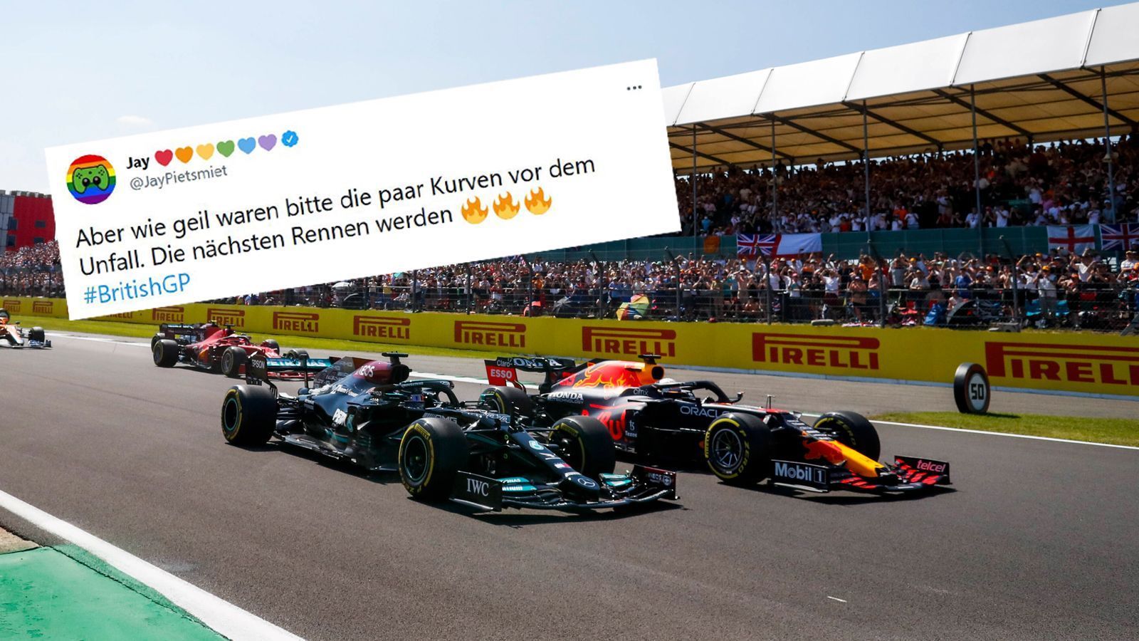 
                <strong>Kampf zwischen Hamilton und Verstappen</strong><br>
                Vom Start weg liefern sich beide einen grandiosen Fight. Die Fans sind begeistert. Lange aber geht das nicht gut…
              