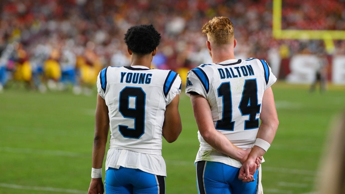 October 20th 2024: Carolina Panthers quarterback Bryce Young (9) and quarterback Andy Dalton (14) look on from the sidelines during the NFL, American Football Herren, USA game between the Carolina ...