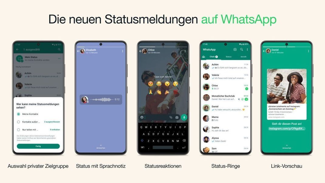 WhatsApp bringt neue Features für ihre Statusmeldungen.