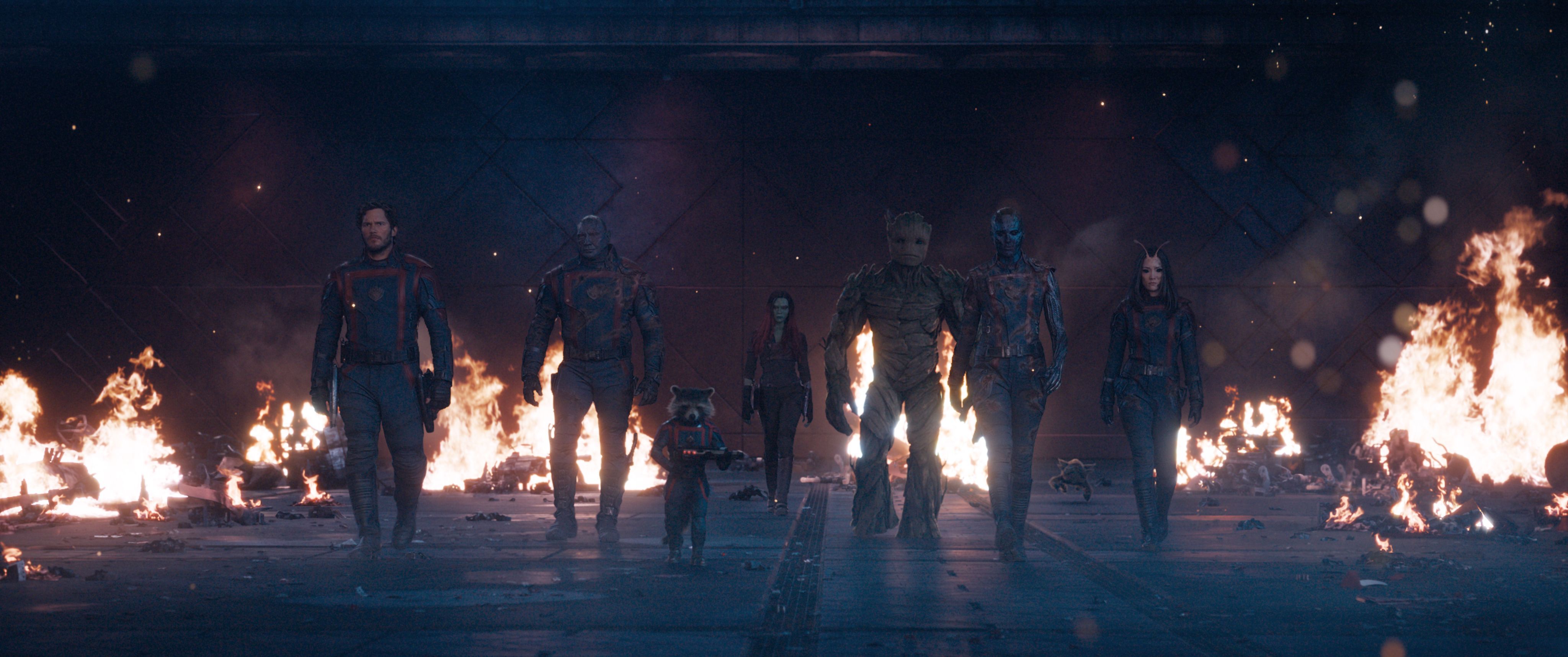 Wohin geht die Reise für die Guardians? (Szenenfoto aus "Marvel Studios' Guardians of the Galaxy Vol. 3." mit Chris Pratt, Dave Bautista, Zoe Saldana, Karen Gillan und Pom Klementieff, © 2022 MARVEL.)