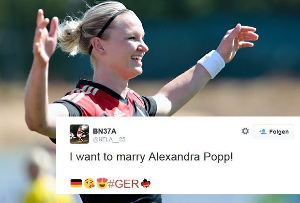 
                <strong>Alexandra Popp</strong><br>
                Auch die deutsche Goalgetterin bekommt eindeutige Anfragen. (#NoJokesWithNames)
              