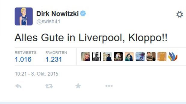 
                <strong>Dirk Nowitzki</strong><br>
                Dirk Nowitzki: Die Nachricht von Klopps Anstellung in Liverpool ist auch schon in den USA angekommen: Basketball-Legende Dirk Nowitzki wünscht dem 48-Jährigen alles Gute.
              