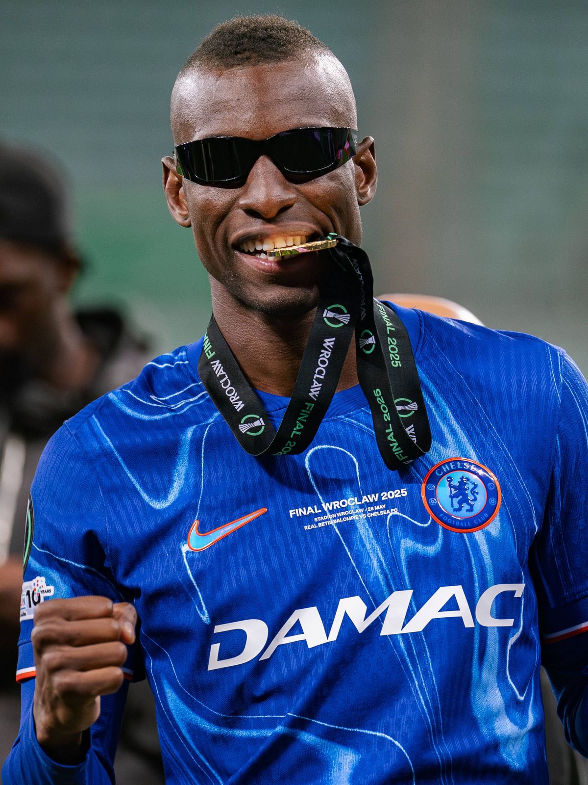 May 29, 2025, Wroclaw, Poland: Nicolas Jackson of Chelsea celebrates a win with gold medal during the ceremony after the UEFA Conference League final 2025 match between Real Betis Balompie and Chel...