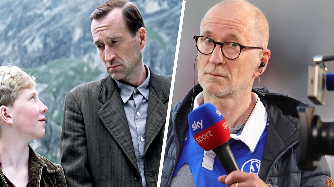 Auf dem linken Bild ist Peter Lohmeyer (r.) in "Das Wunder von Bern" und rechts vor der Kamera bei einem Schalke-Spiel zu sehen.