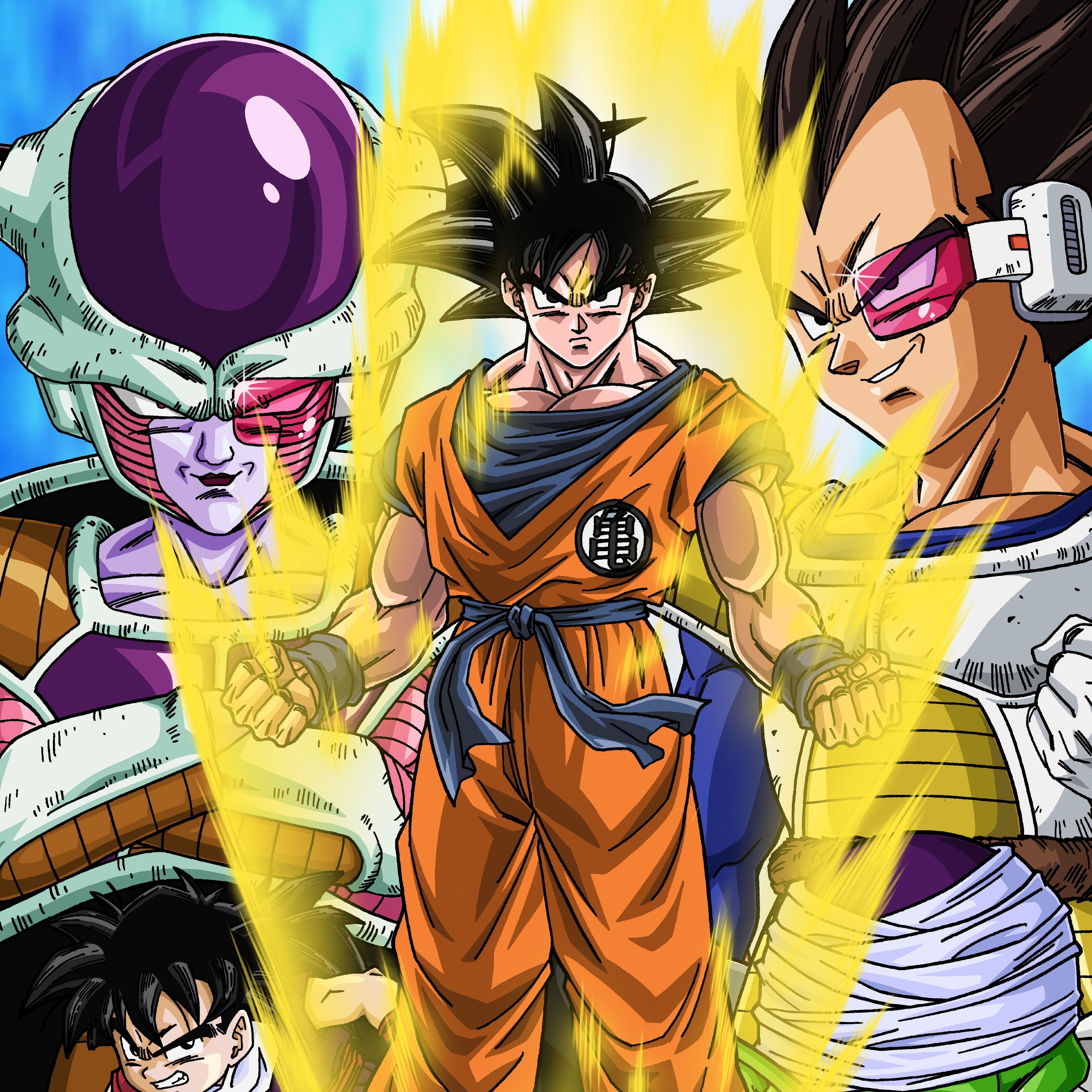 Son Goku mit (im Uhrzeigersinn) Freezer, Vegeta, Piccolo und Son Gohan