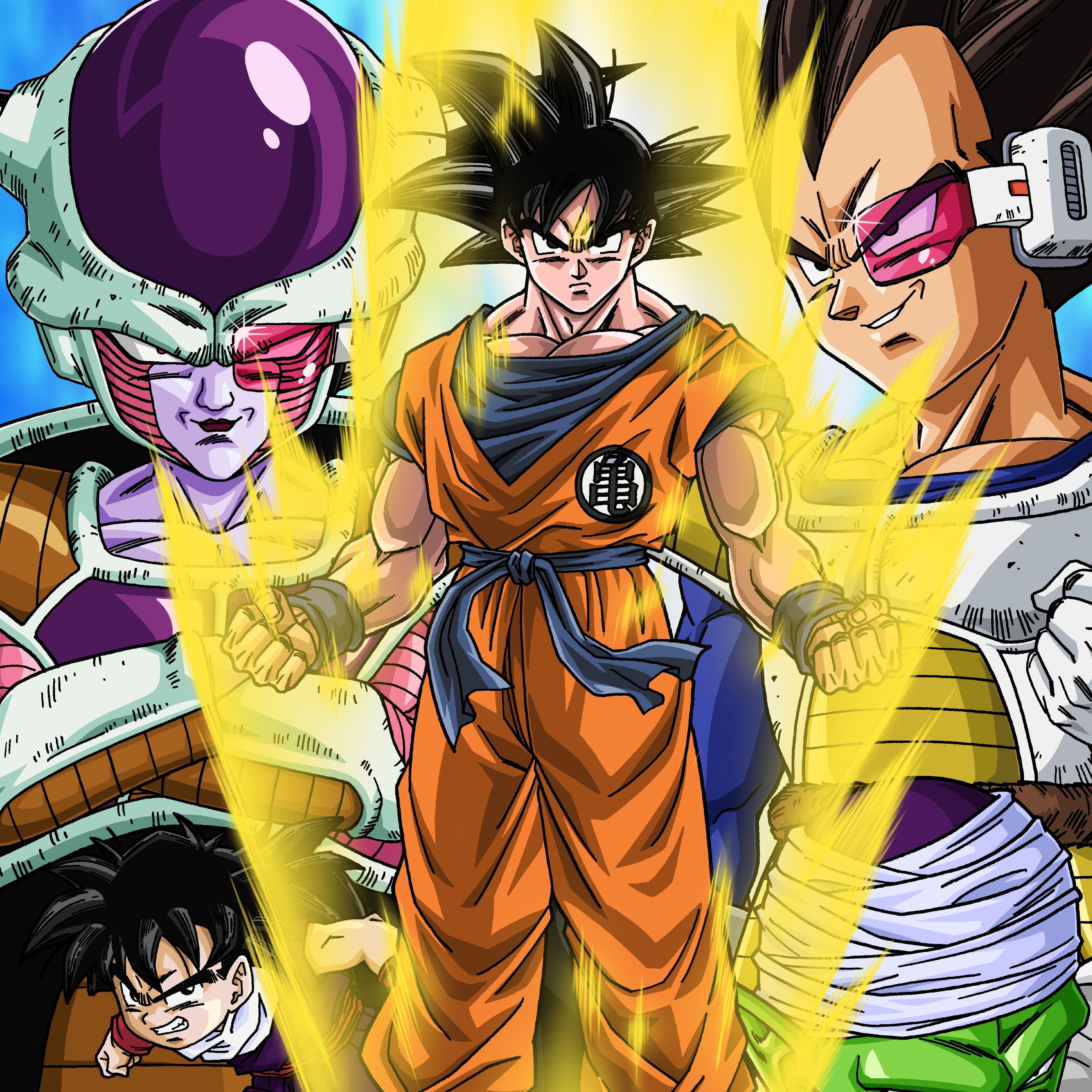 Son Goku mit (im Uhrzeigersinn) Freezer, Vegeta, Piccolo und Son Gohan