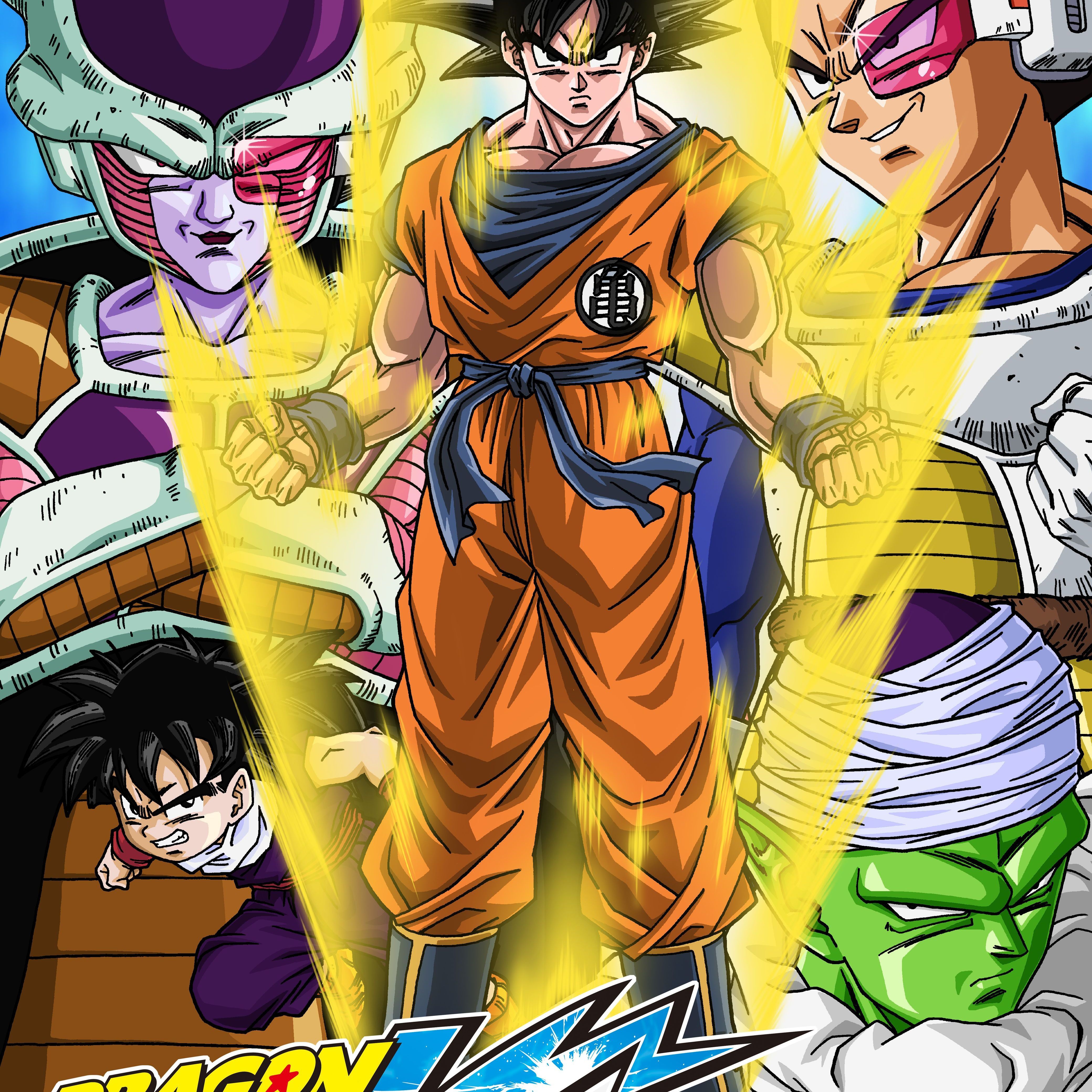 Son Goku mit (im Uhrzeigersinn) Freezer, Vegeta, Piccolo und Son Gohan