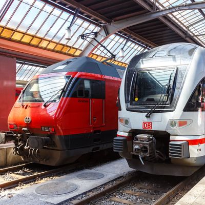 Passenger trains of SBB Schweizerische Bundesbahnen and DB Deutsche Bahn at main railway station in Zurich, Switzerland