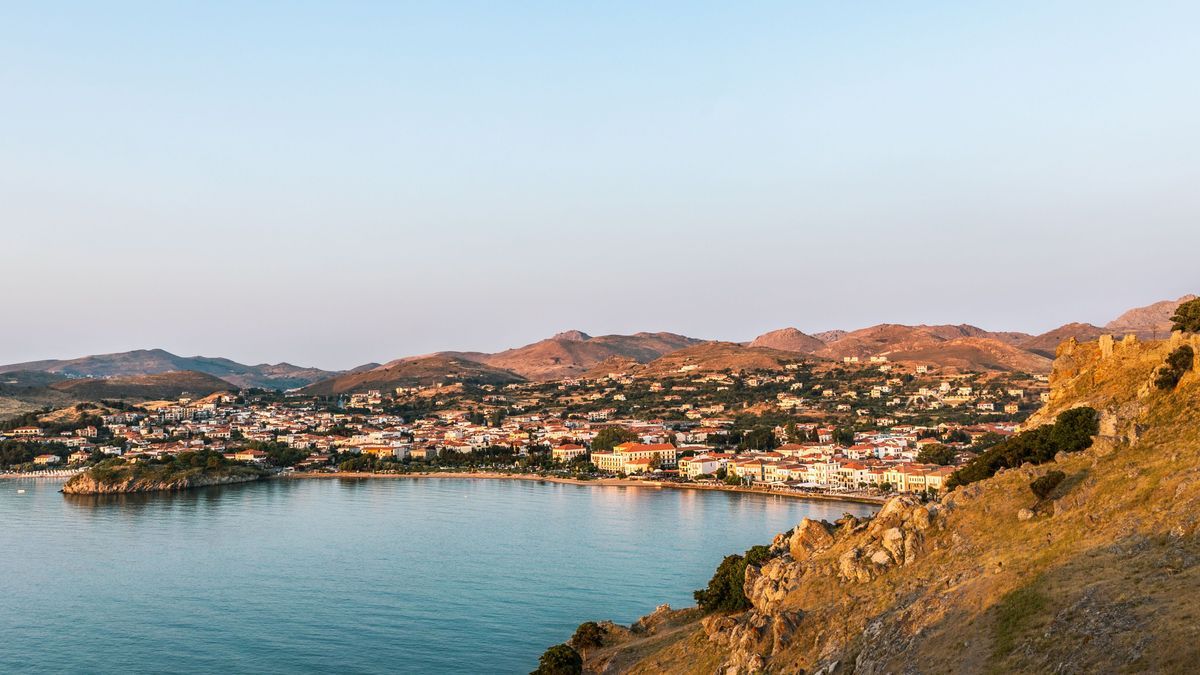 Panoramic view from Byzantine Medieval Castle of Myrina in Lemnos or Limnos Greek island northern Aegean Sea