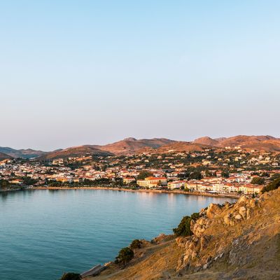 Panoramic view from Byzantine Medieval Castle of Myrina in Lemnos or Limnos Greek island northern Aegean Sea