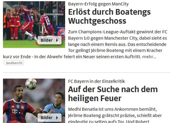
                <strong>Süddeutsche Zeitung</strong><br>
                Auch die Süddeutsche Zeitung stellt Boatengs Knaller heraus. Zudem befasst sie sich mit dem Debüt von Medhi Benatia.
              
