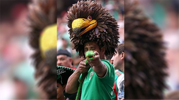 
                <strong>Mexiko-Fan im Adler-Outfit</strong><br>
                Er hat die wohl abgefahrenste Kopfbedeckung aller Copa-Fans. Doch das tierische Outfit hat eine Bedeutung: Adler und Schlange sind die Wappentiere Mexikos.
              