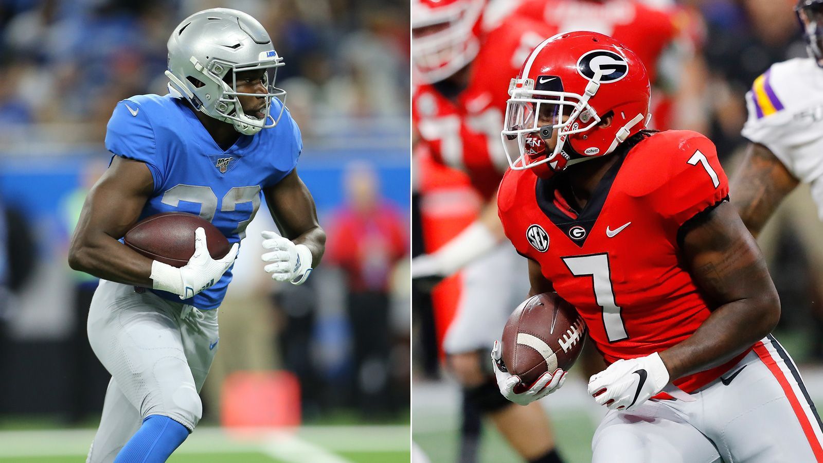 
                <strong>Kerryon Johnson vs. D'Andre Swift (Detroit Lions)</strong><br>
                Auch die Detroit Lions überraschten, als sie Anfang der zweiten Runde D'Andre Swift (r.) drafteten. Denn in ihren eigentlichen Starter Kerryon Johnson investierten die Lions erst vor zwei Jahren ebenfalls einen Zweitrundenpick. Johnsons Problem: Er konnte seither nur 18 von 32 Spielen absolvieren. Mit Swift bekommen die Lions den wohl vielseitigsten Running Back des Drafts. Macht Johnson nicht einen gewaltigen Sprung nach vorne, wird ihn Swift früher oder später als Starter ablösen.
              