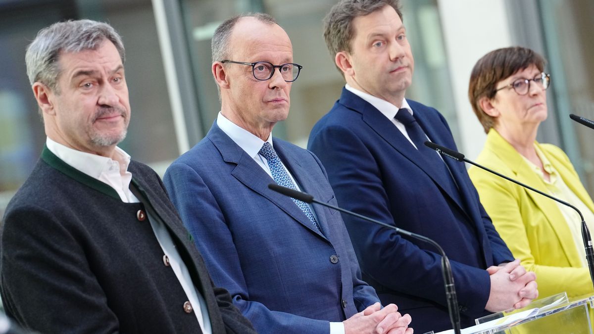 8.3.2025: CSU-Vorsitzender Markus Söder, Unions-Kanzlerkandidat und CDU-Bundesvorsitzender Friedrich Merz, SPD-Fraktions- und Bundesvorsitzender Lars Klingbeil und SPD-Bundesvorsitzende Saskia Esken