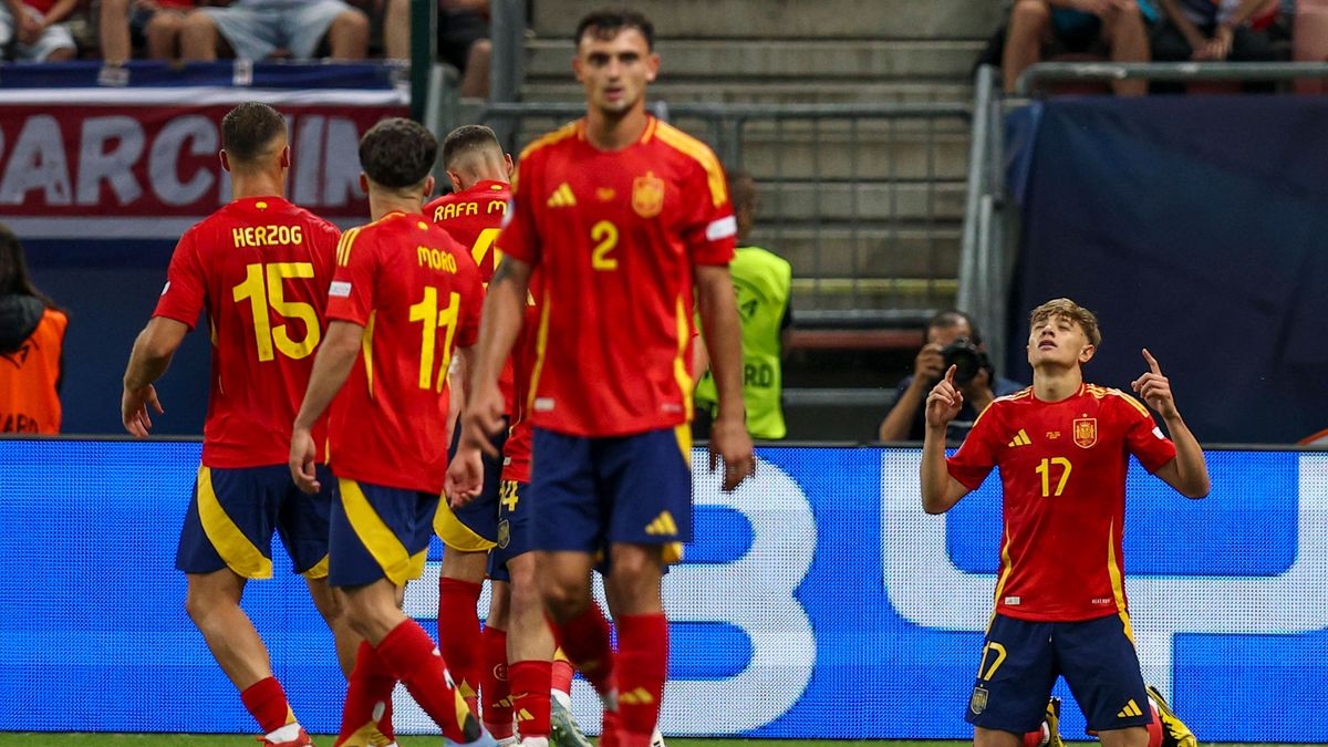 Jesus Rodriguez (Spain U21, U 21 celebrates after scoring his teams first goal during the UEFA Under 21 Slovakia 2025 match between Spain U21 1-1 Italy U21 at Malatinsky Stadium on June 17, 2025 in...
