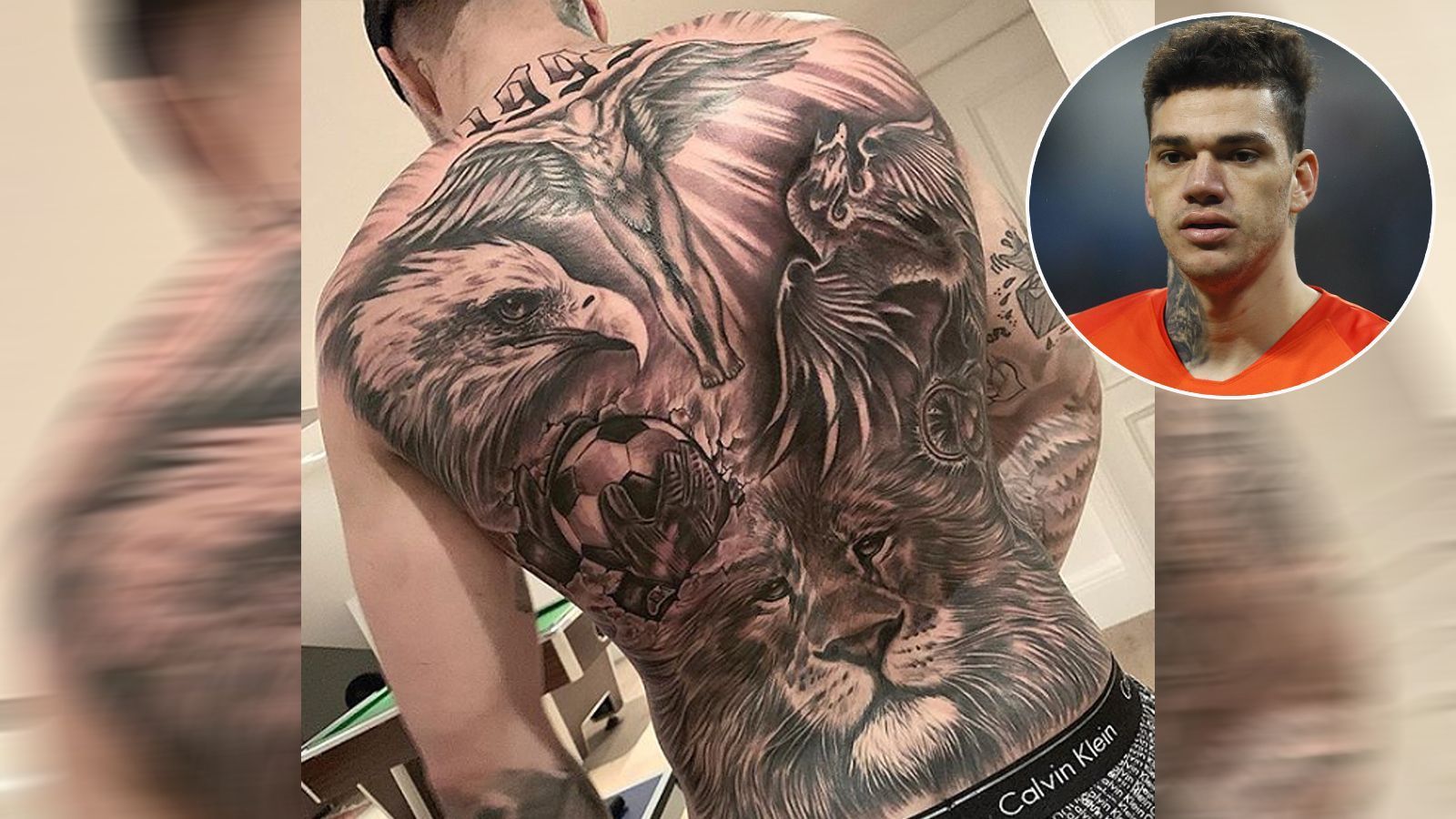 
                <strong>Ederson</strong><br>
                Manchester Citys Torhüter Ederson hat sein nun offenbar fertiggestelltes Rücken-Tattoo präsentiert. Zu sehen sind nun ein Adler mit Torwarthandschuhen, der einen Ball in den Händen hält, ein Löwe und ein Drachen. Am oberen Rücken ließ sich der Brasilianer zudem ein biblisches Symbol stechen und darüber sein Geburtsjahr 1993. 
              