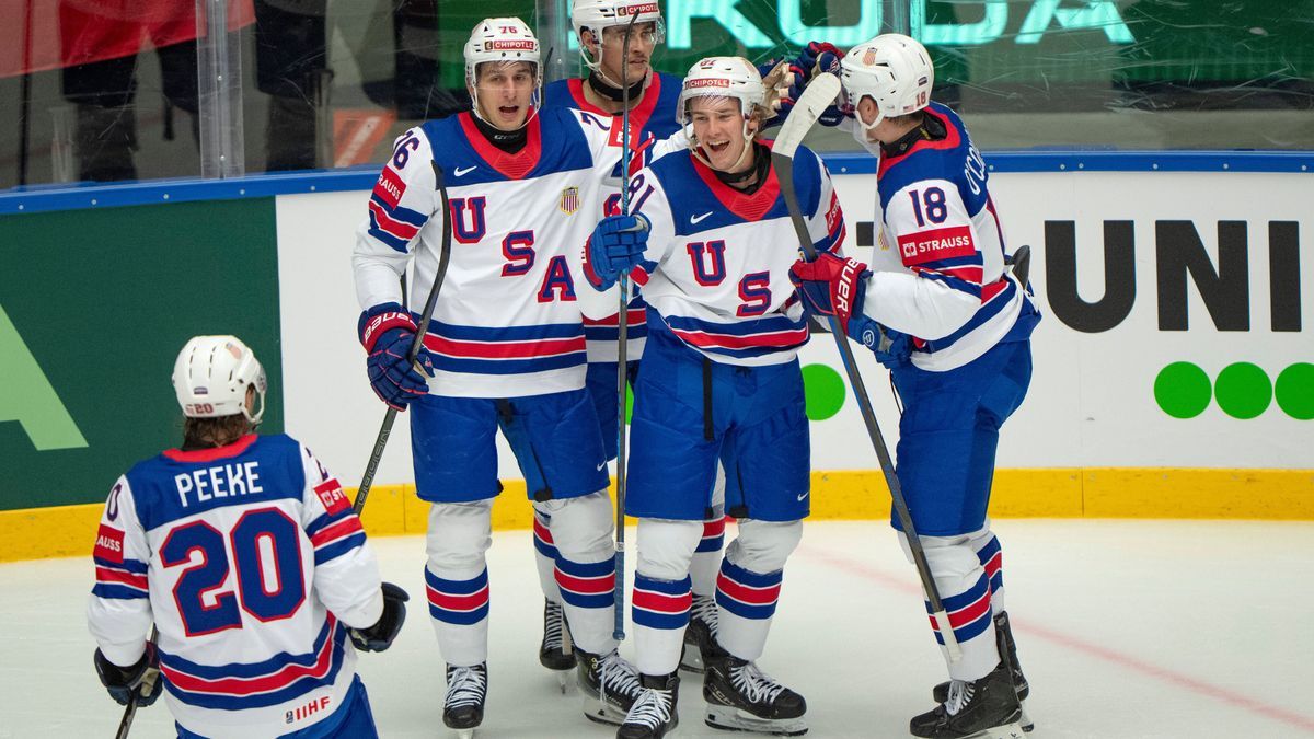 Denmark IIHF Hockey Worlds: Czechia vs. USA The players of USA celebrate after Josh Doan has scored to 1-0 during the group B match between Czechia and USA at the IIHF Ice hockey, Eishockey World C...