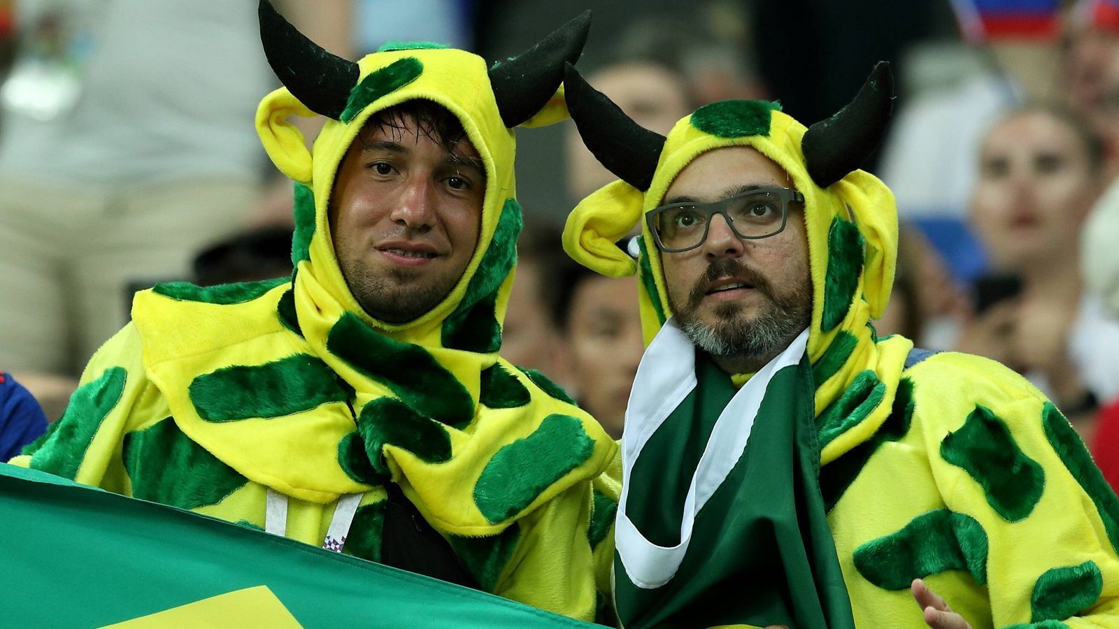 
                <strong>Fans aus Brasilien</strong><br>
                Diese Fans im gelb-grünen Outfit sind tatsächlich Brasilien-Fans. Ihr Kostüm? Das lässt sich nur mutmaßen. Der Brasilien-Dino? Der HSV wäre entzürnt!
              