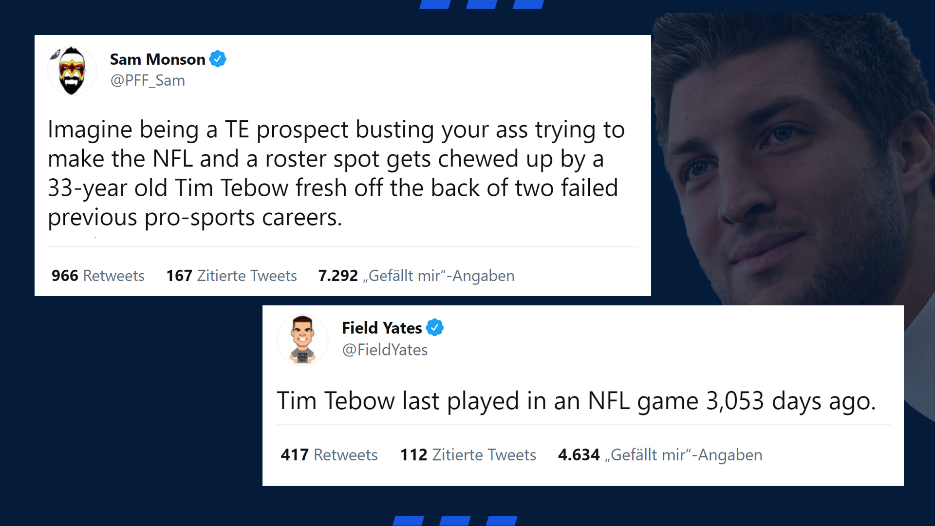 
                <strong>Netzraktionen auf das Tebow Comeback</strong><br>
                Doch der Deal kam nicht bei allen gut an. So gab es auch durchaus kritische Stimmen. Tebow sei schließlich längst nicht mehr der Jüngste und würde anderen Spielern einen Roster-Platz wegnehmen.
              