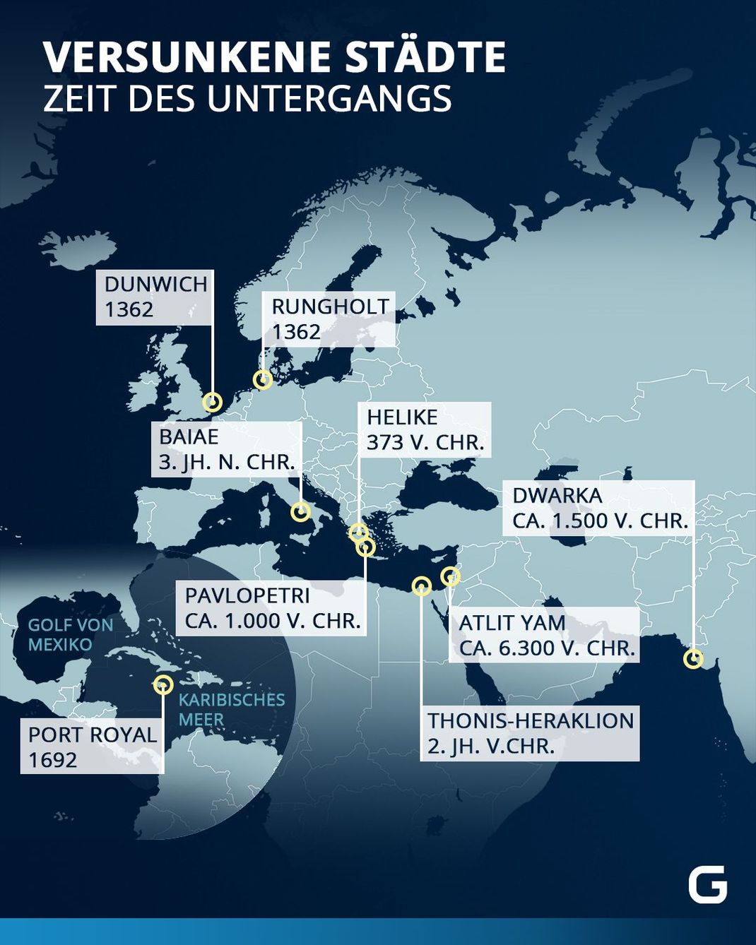 Die Weltkarte zeigt, wo die Städte über die wir berichten, im Meer versanken und wann sie untergingen.