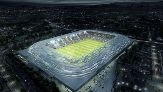 <strong>Casement Park (Belfast) - neu (Modell)</strong><br>Eröffnet: 2026 (geplant)<br>Kapazität: 34.500 Plätze<br>Heimspielstätte von: noch nicht offiziell bekanntgegeben