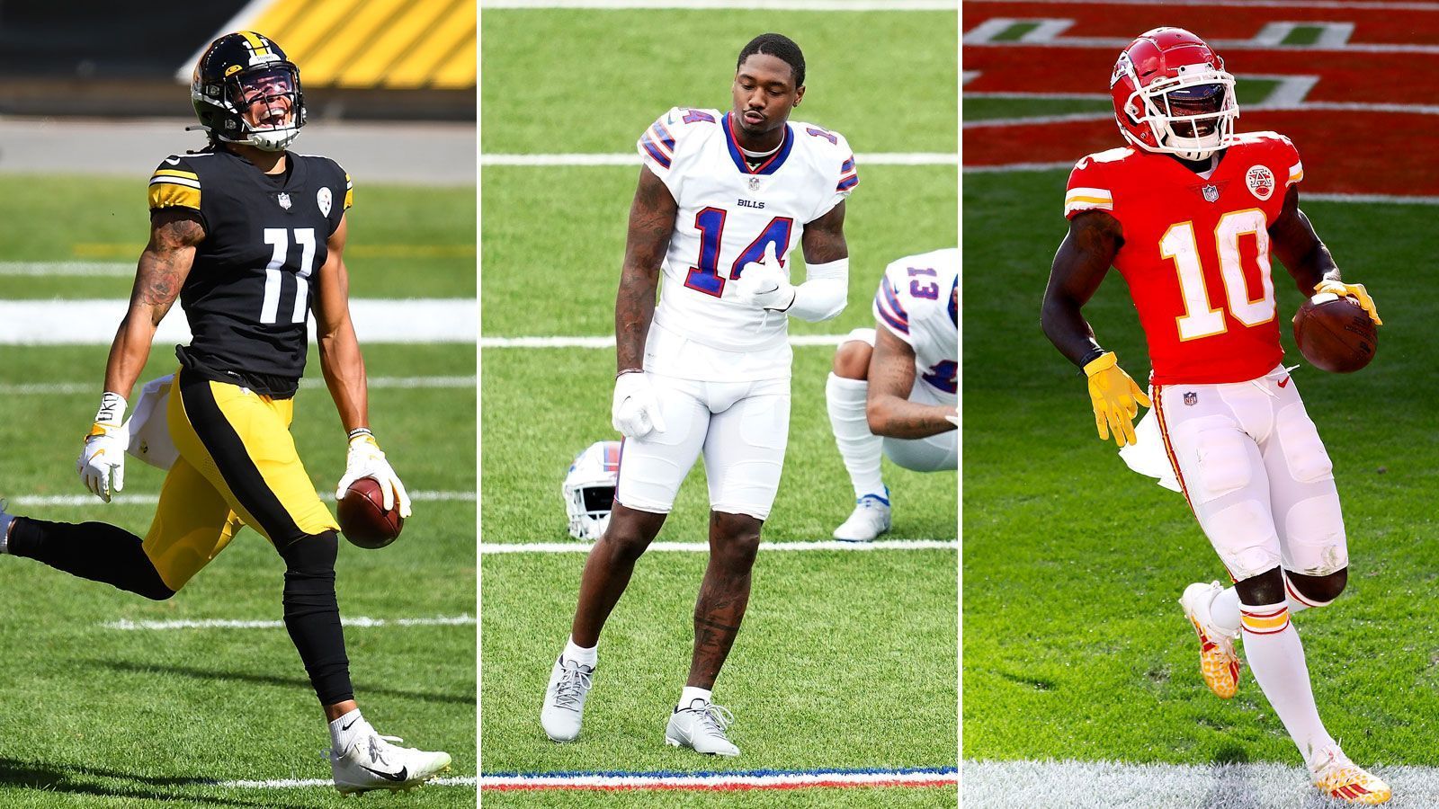 
                <strong>AFC - Wide Receivers (drei Spieler)</strong><br>
                Chase Claypool (Pittsburgh Steelers), Stefon Diggs (Buffalo Bills) und Tyreek Hill (Kansas City Chiefs; von links nach rechts) -An allen drei Passempfängern führt in diesem Jahr kein Weg vorbei: Claypool trumpft bei den ungeschlagenen Steelers groß auf und ist mit sieben Touchdowns ein unverzichtbarer Teil der Offense. Gleiches gilt für Stefon Diggs, der in Buffalo zur Höchstform aufläuft und mit 906 Yards den zweitbesten Wert aller Receiver hat. Tyreek Hill darf sich derweil über seine fünfte Pro-Bowl-Teilnahme in Folge freuen - neun Touchdowns und 14,8 Yards pro Catch sprechen eine deutliche Sprache.
              