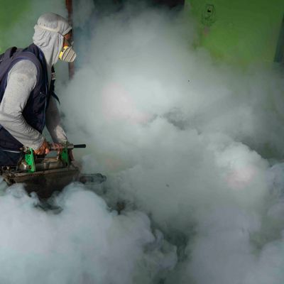Ein Mitarbeiter des Gesundheitswesens räuchert ein Haus aus, um die Ausbreitung des Dengue-Fiebers in der Gegend von Las Penitas in Talara, Peru, einzudämmen.