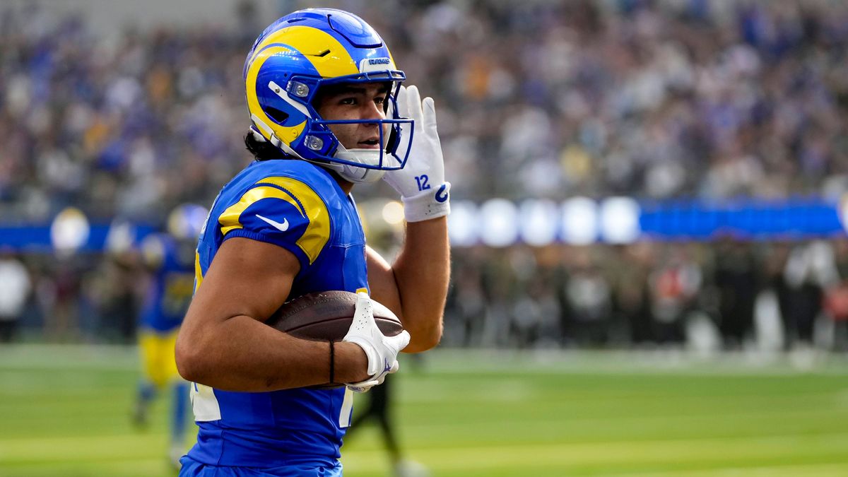 November 2, 2025, Los Angeles, Ca, United States: LOS ANGELES, CA - NOVEMBER 2: Puka Nacua 12 of the Los Angeles Rams excited after scoring touchdown during a game between New Orleans Saints and Lo...