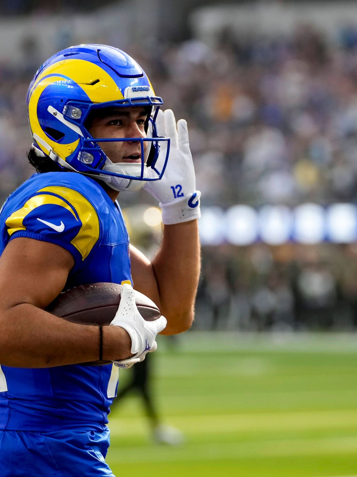 November 2, 2025, Los Angeles, Ca, United States: LOS ANGELES, CA - NOVEMBER 2: Puka Nacua 12 of the Los Angeles Rams excited after scoring touchdown during a game between New Orleans Saints and Lo...