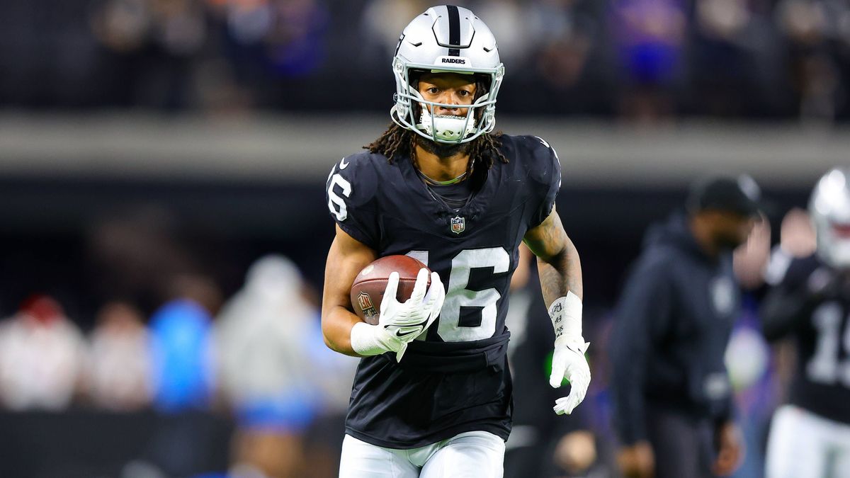 LAS VEGAS, NV - DECEMBER 14: Las Vegas Raiders wide receiver Jakobi Meyers (16) warms up before the Los Angeles Chargers vs Las Vegas Raiders game on December 14, 2023, at Allegiant Stadium in Las ...