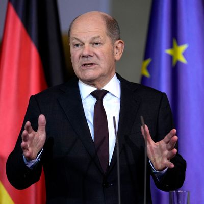 Olaf Scholz bei einer Pressekonferenz in Berlin.