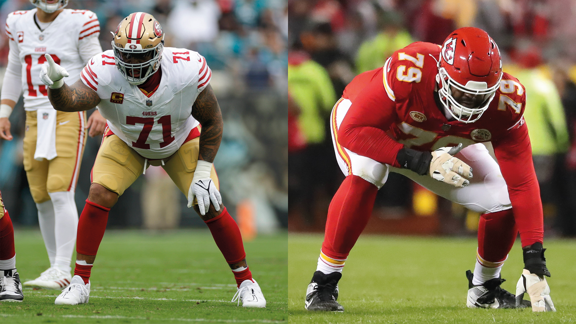 <strong>Trent Williams gegen Donovan Smith</strong><br>49ers-Tackle Williams (l.) ist eine Bank und gleichzeitig schon eine Legende. Seit Jahren beschützt er als Left Tackle die sogenannte "Blindside". Er ist der wichtigste Teil seiner O-Line.&nbsp; Nebenbei führt Williams auch die NFL-Liste mit den meisten gewonnenen Blocks an. Kontrahent Smith von den Chiefs landet hier auf Platz 17. Kein schlechter Wert, aber keine Chance gegen Williams.<br><br><strong>Punkt: 49ers - 1,5:3,5</strong>