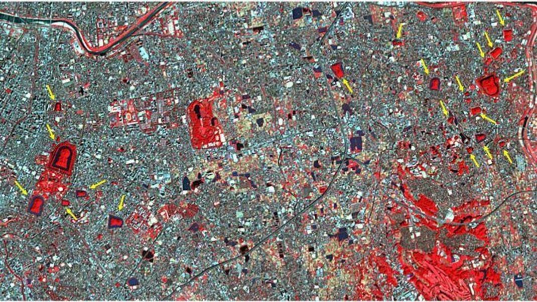 Auf dem Satellitenbild sind die Schlüsselloch-Gräber in der japanischen Stadt Sakai (rot gefärbt) gut zu sehen.