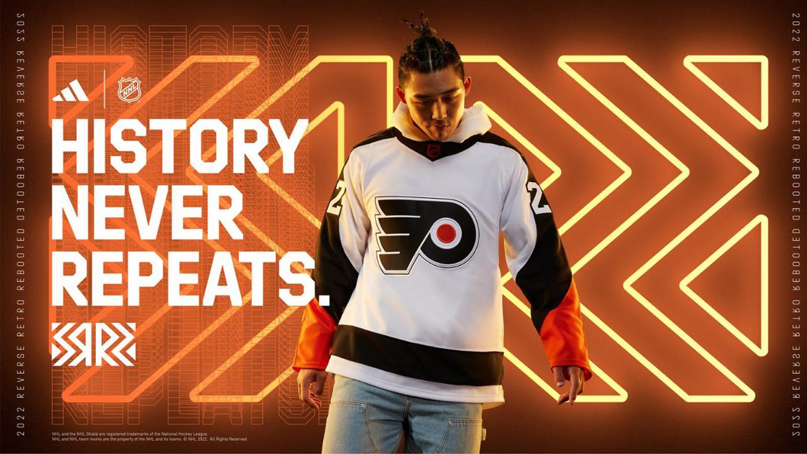 
                <strong>Philadelphia Flyers</strong><br>
                Das Flyers-Trikot erinnert an die Jahre, in denen das Team zum wiederholten Mal Cupsieger wurde (1973/74, 1974/75), und ist fast ganz in Weiß und Schwarz mit orangefarbenen Akzenten gehalten. Das Wappen ist mit einer dünnen schwarzen Umrandung versehen, die an das Trikot von 1974 erinnert.
              