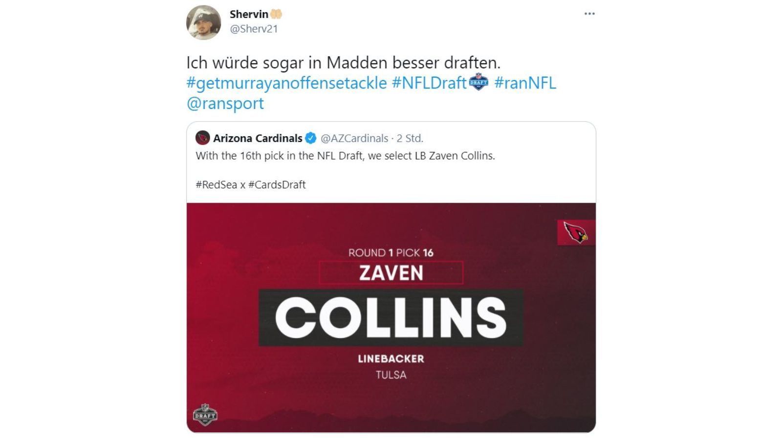 
                <strong>Nicht nur Raiders-Unzufriedenheit macht sich breit</strong><br>
                Der Pick des Las Vegas Raiders war aber nicht der einzige, der für hochgezogene Augenbrauen sorgte. Die Arizona Cardinals entschieden sich an Stelle 16 für Linebacker Zaven Collins. Das wurde von einem User schlecht quittiert - mit der Maßgabe, sogar den virtuellen Madden-Draft besser gestalten zu können.
              