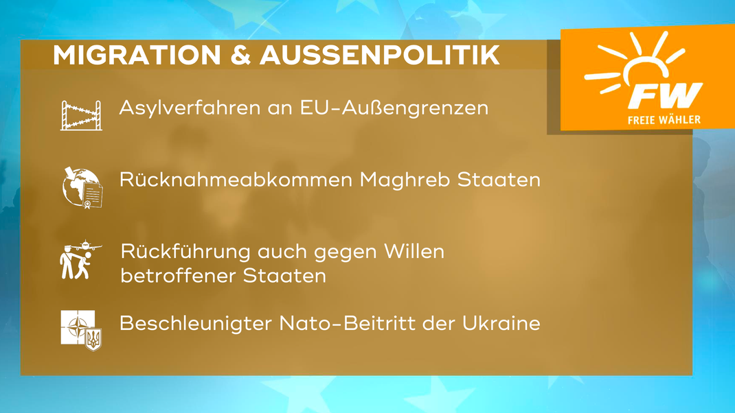 Die zentralen Forderungen der Freien Wähler in Bayern im Bereich "Migration und Außenpolitik" zur Europawahl 2024.
