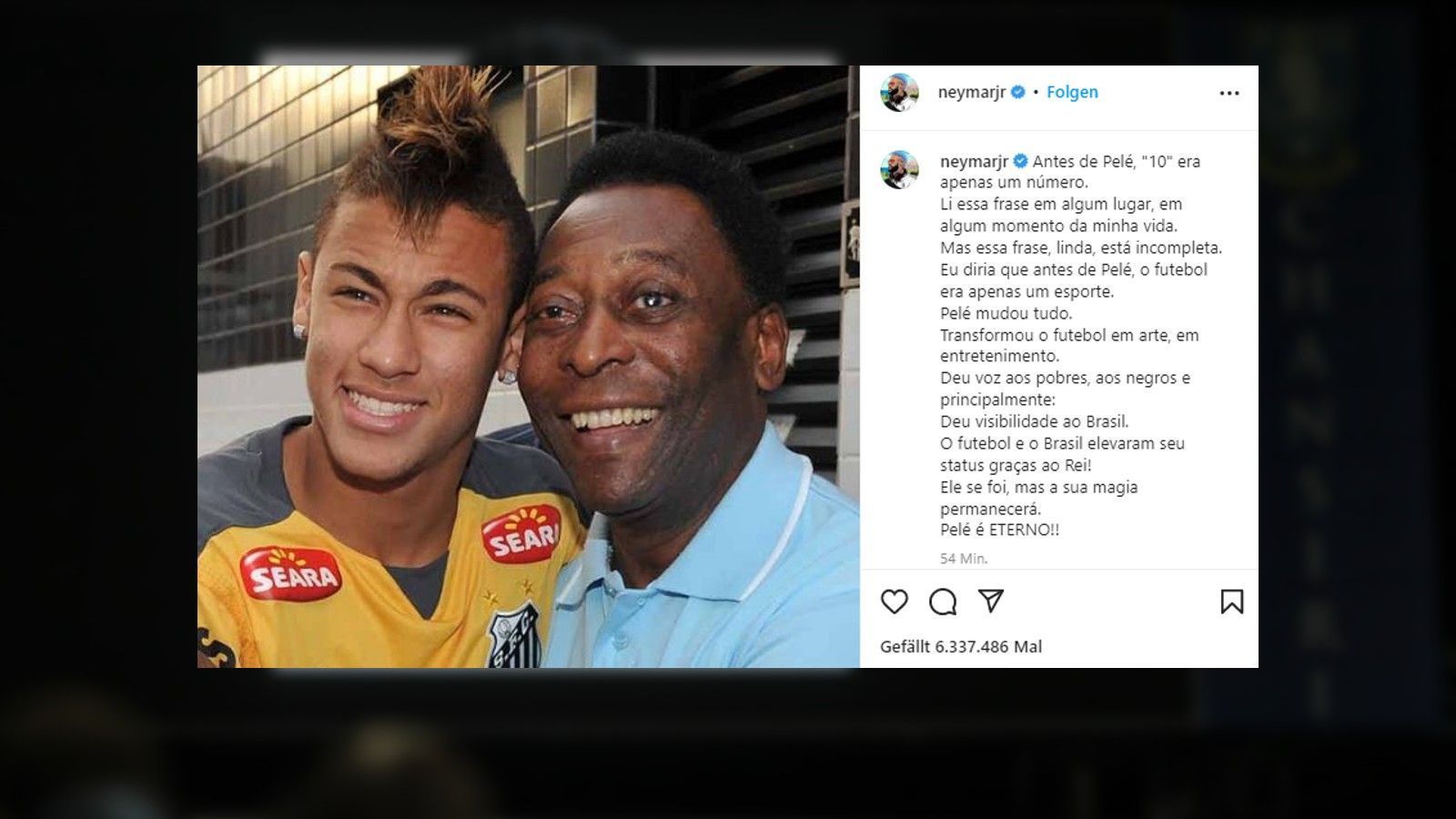 
                <strong>Neymar</strong><br>
                Neymar und Pele sind gemeinsam Rekordtorschützen der brasilianischen Nationalmannschaft. Nach dem Tod des 82-Jährigen richtet der PSG-Profi emotionale Worte an ihn: "Vor Pele war die 10 nur eine Zahl. Ich habe diesen Satz irgendwo gelesen, irgendwann in meinem Leben. Aber dieser Satz, so schön er ist, ist unvollständig. Ich würde sagen, vor Pele war Fußball nur ein Sport. Pele hat alles verändert. Er machte Fußball zu Kunst, zu Unterhaltung. Er gab den Armen, den Schwarzen eine Stimme, und vor allem: Er hat Brasilien sichtbar gemacht. Fußball und Brasilien haben dank des Königs ihren Status erhöht! Er ist gegangen, aber seine Magie wird bleiben. Pele ist EWIG!!"
              