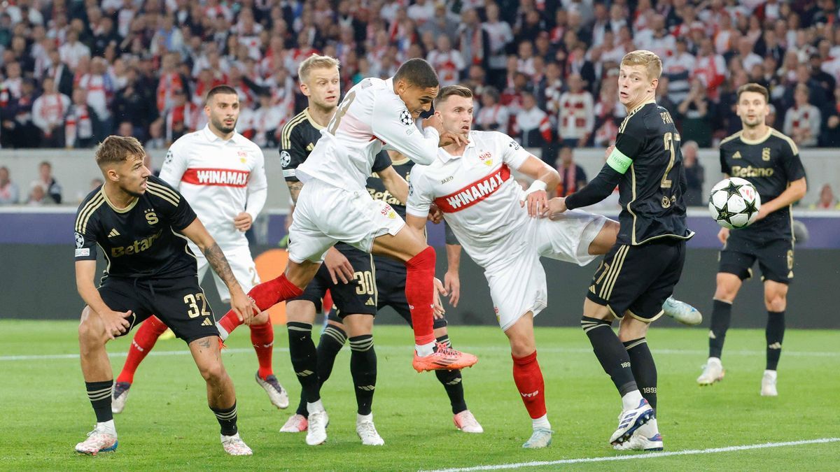 01.10.2024 Stuttgart , Champions League Fußball VfB Stuttgart vs. Sparta Prag, Enzo Millot (VfB) erzielt das Tor zum 1:0 für den VfB Gemäß den Vorgaben der DFL Deutschen Fuï¬‚ball Liga ist es unter...