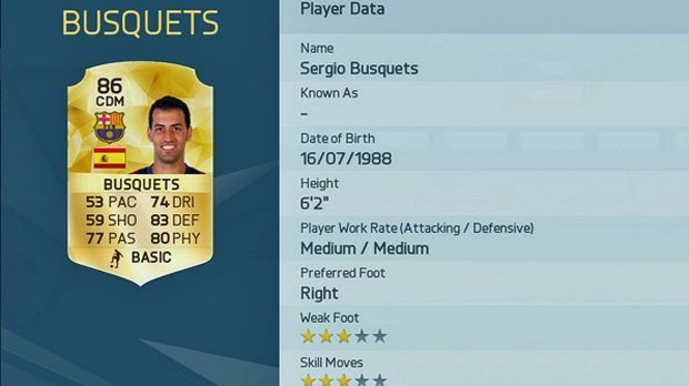 
                <strong>Sergio Busquets (FC Barcelona)</strong><br>
                Sergio Busquets: Gesamt-Stärke 86. Sein Nebenmann Rakitic kommt dagegen nur auf einen Wert von 84 - und das, obwohl er neben seiner Zweikampfhärte auch noch offensivstärker als Busquets ist. ran.de-Wertung: 84 (-2 Punkte).
              