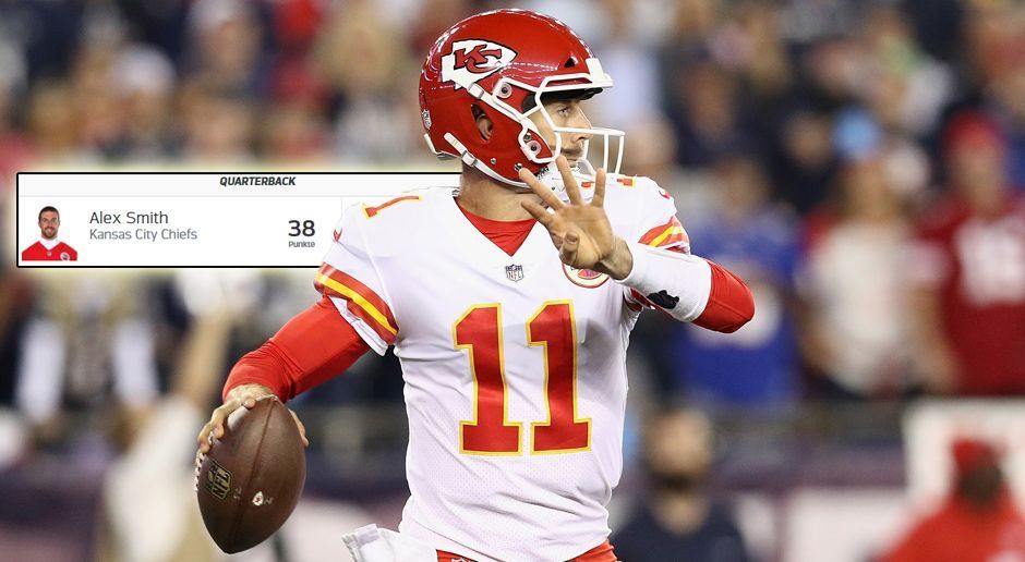 
                <strong>Quarterback: Alex Smith</strong><br>
                Passing Yards: 368 (14 Punkte)Passing Touchdowns: 4 (24 Punkte)Interceptions/Fumbles: 0Gesamtpunktzahl: 38
              