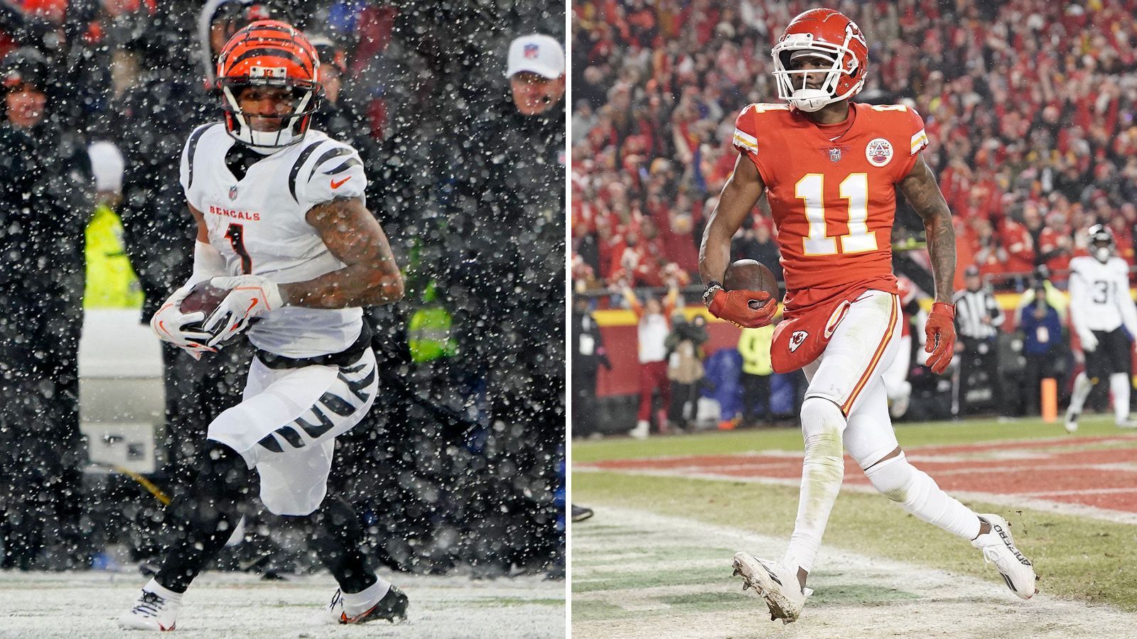 
                <strong>Wide Receiver</strong><br>
                Nach dem Abgang von Star-Receiver Tyreek Hill vor der Saison zu den Miami Dolphins haben die Chiefs in der Spitze einen der besten Passempfänger der Liga verloren. Dementsprechend sind die Bengals im Vergleich der Nummer-eins-Receiver deutlich vorne anzusiedeln. Burrows Lieblingsanspielstation Ja'Marr Chase hat die Verteidigung der Chiefs in den vergangenen Duellen gelinde gesagt zerlegt. Der Star-Wideout verbuchte in drei Spielen gegen Kansas City - einschließlich der Playoffs - insgesamt 24 Catches für 417 Receiving Yards und vier Touchdowns. Die Chiefs hingegen überzeugen im Receiving Corps im Kollektiv um die Neuzugänge JuJu Smith-Schuster, Marquez Valdes-Scantling und Kadarius Toney. Auch ohne Hill stellten die Chiefs die beste Offense in den Kategorien Total Offense und Passing Offense und erzielten im Durchschnitt die meisten Punkte pro Spiel in der Regular Season. Dennoch, Chase überragt. 2:1, Punkt für die Bengals
              