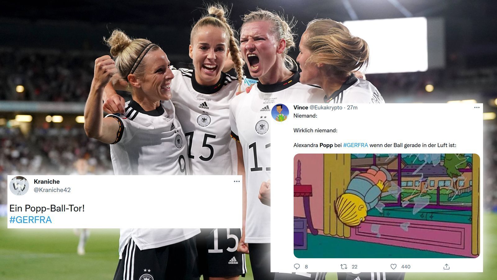 
                <strong>Netzreaktionen nach dem Sieg der DFB-Frauen gegen Frankreich</strong><br>
                Deutschland steht nach dem 2:1-Sieg über Frankreich im Finale der Frauen-EM. Damit treffen die DFB-Frauen am Sonntag in Wemley auf Gastgeber England. ran zeigt euch die besten Netzreaktionen nach dem Finaleinzug.
              