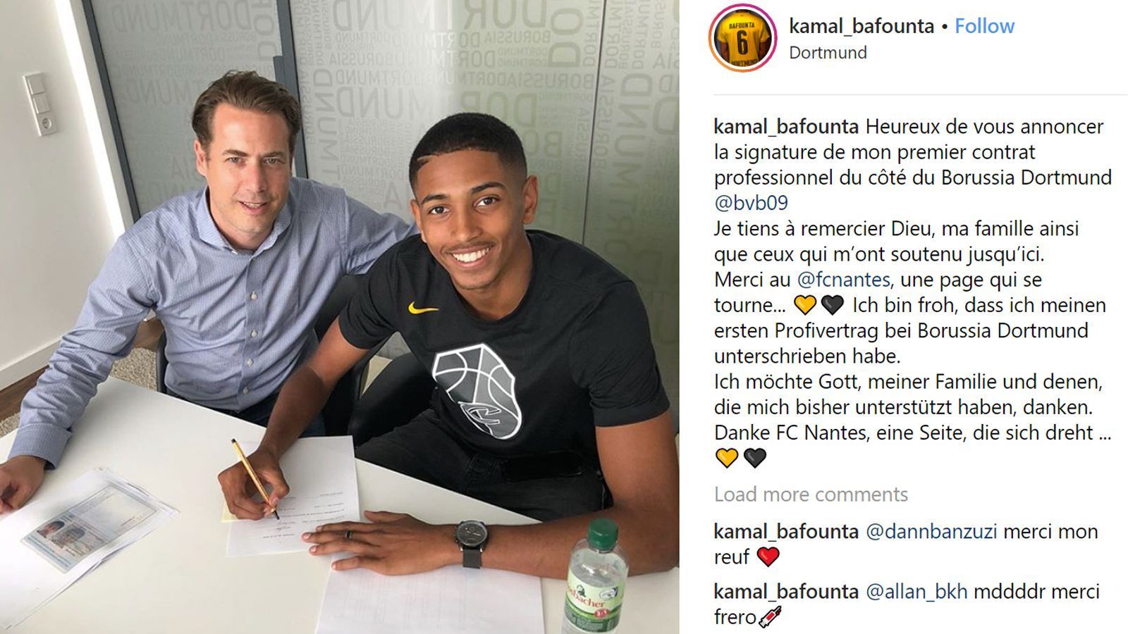 
                <strong>Kamal Bafounta (Zugang Borussia Dortmund)</strong><br>
                Borussia Dortmund nutzt wieter die Frankreich-Kenntnisse von Neu-Coach Lucien Favre: Der erst 16-jährige Kamal Bafounta veröffentlichte auf seinem Instagram-Account ein Bild, das ihn gemeinsam mit BVB-Nachwuchskoordinator Lars Ricken zeigt. Dazu schreibt das Talent vom FC Nantes: "Ich bin froh, dass ich meinen ersten Profivertrag bei Borussia Dortmund unterschrieben habe." Bafounta wird wegen seines Talents und wegen seiner Größe (1,93 m) in Frankreich immer wieder mit Superstar Paul Pogba verglichen. Klubs wie der FC Everton, FC Sevilla oder Manchester United sollen sich um eine Verpflichtung des französischen U16-Nationalspielers bemüht haben. Das Rennen machte aber schließlich der BVB, wo Bafounta zunächst für die U17 eingeplant ist.
              