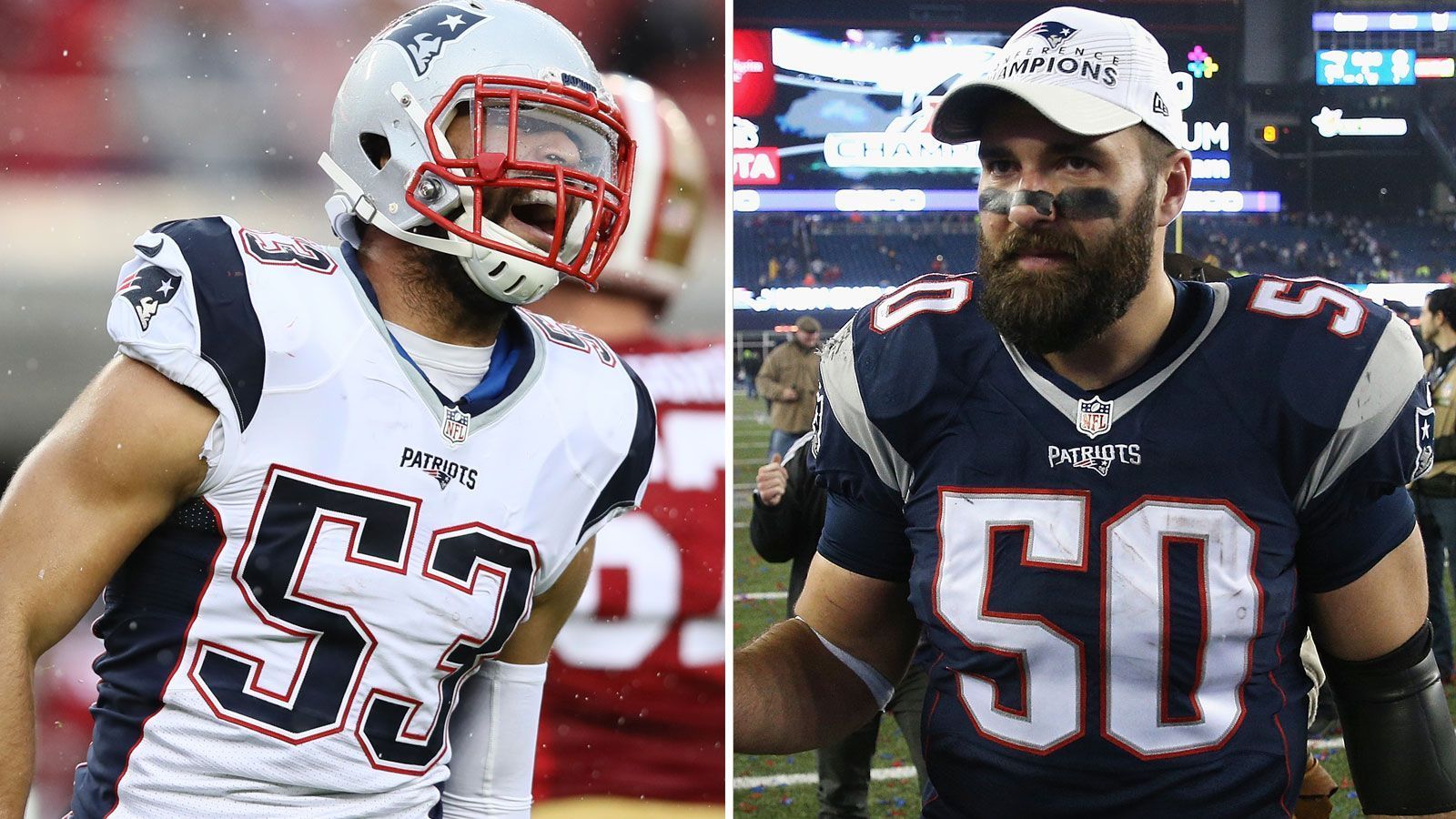 
                <strong>Outside Linebacker</strong><br>
                Kyle van Noy (l.)bei Patriots: 2016 bis 2019Erfolge: zwei Super-Bowl-SiegeRob Ninkovichbei Patriots: 2009 bis 2016Erfolge: zwei Super-Bowl-Siege
              